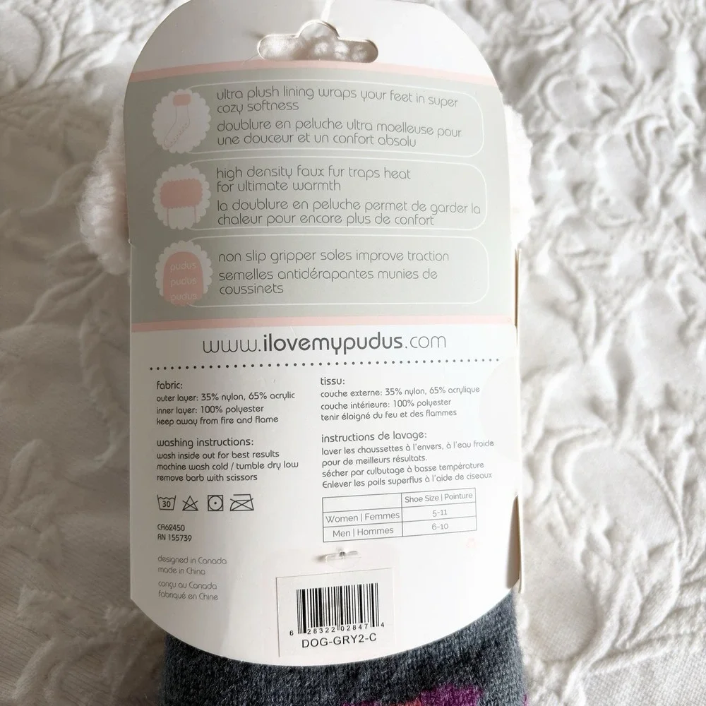 Pudus Slipper Socks Women Gray Dog Print Faux Fur Lined Non Slip Gripper NWT